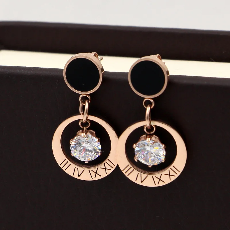

Fashion Jewelry, black round cake hanging six-claw zircon Roman digital circle, rose gold earrings