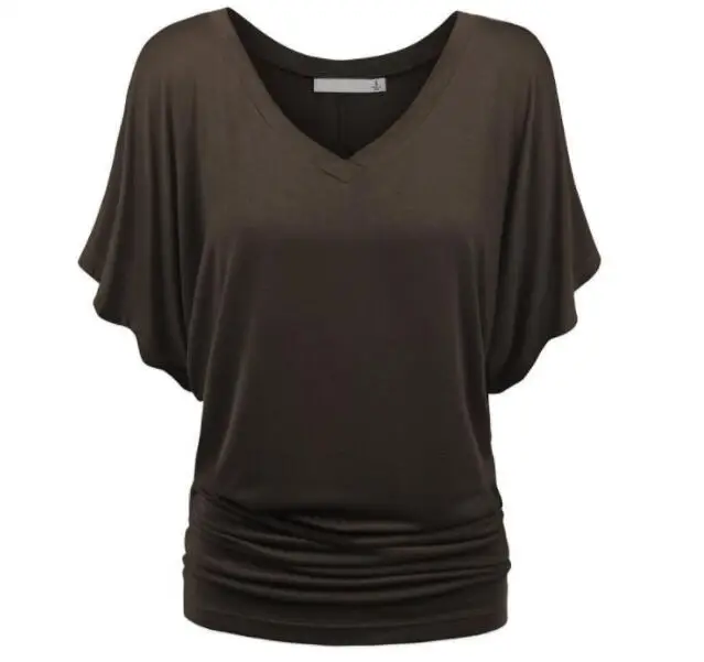 Повседневная Свободная Женская летняя футболка с рукавом летучая мышь, топы, футболки, модная однотонная Повседневная футболка с v-образным вырезом размера плюс - Цвет: Черный