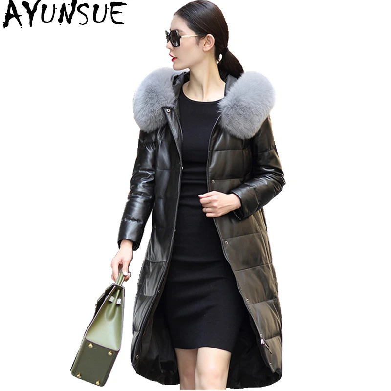 AYUNSUE 2018 Women's Genuine Leather Jacket Winter Down Jackets Natural Fox Fur Hooded Long Real Sheepskin Coat Female WYQ874 | Женская