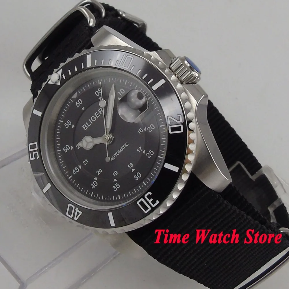 Luxury 40mm BLIGER men's watch black dial date magnifier luminous