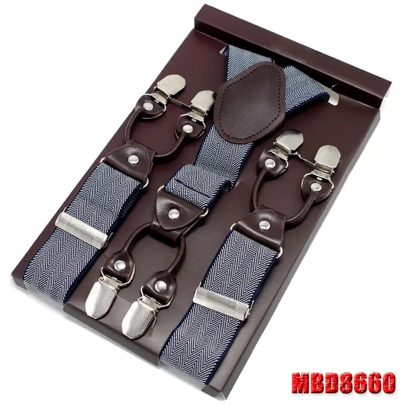 Мужские подтяжки темно-коричневый кожаный ремень 6 клипов в западном стиле брюки подтяжки Спагетти ремень y-образные скобы для взрослых - Цвет: MBD8660