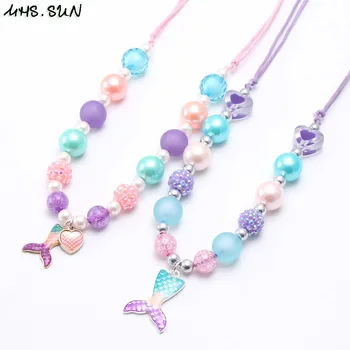 MHS.SUN Baby Girls Beads Necklace Fashion Mermaid Tail Pendant Child Kids Adjustable Rope Necklce Charm Chunky Jewelry For Gift