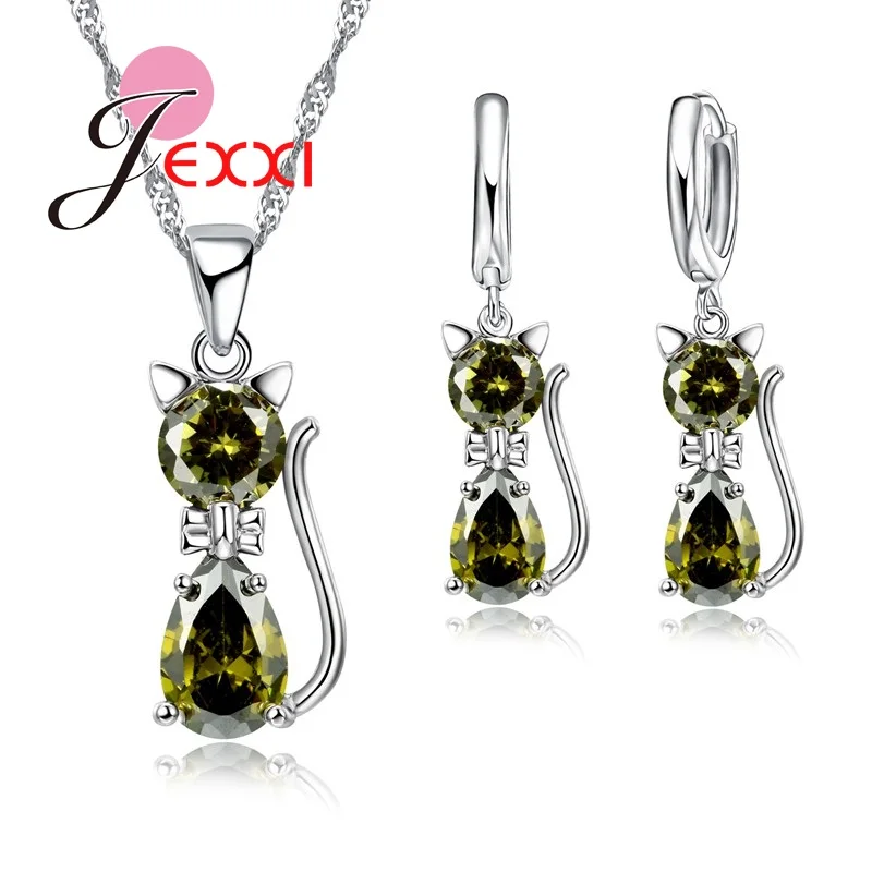 Быстрая, розничная, романтические обручальные Серебряные комплекты ювелирных изделий с милым котом, ожерелье, серьги с австрийским кристаллом для женщин - Окраска металла: green
