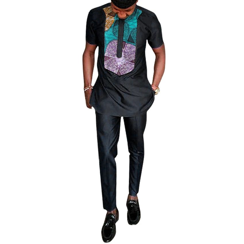 Black African clothing men's print set shirt with trouser patchwork Ankara pant sets customized wedding wear male formal outfits | Мужская