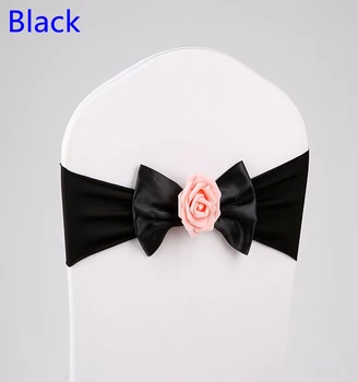 

Black Colour Lycra chair sash butterfly bow tie with rose ball for wedding chairs decoration spandex band stretch bow tie