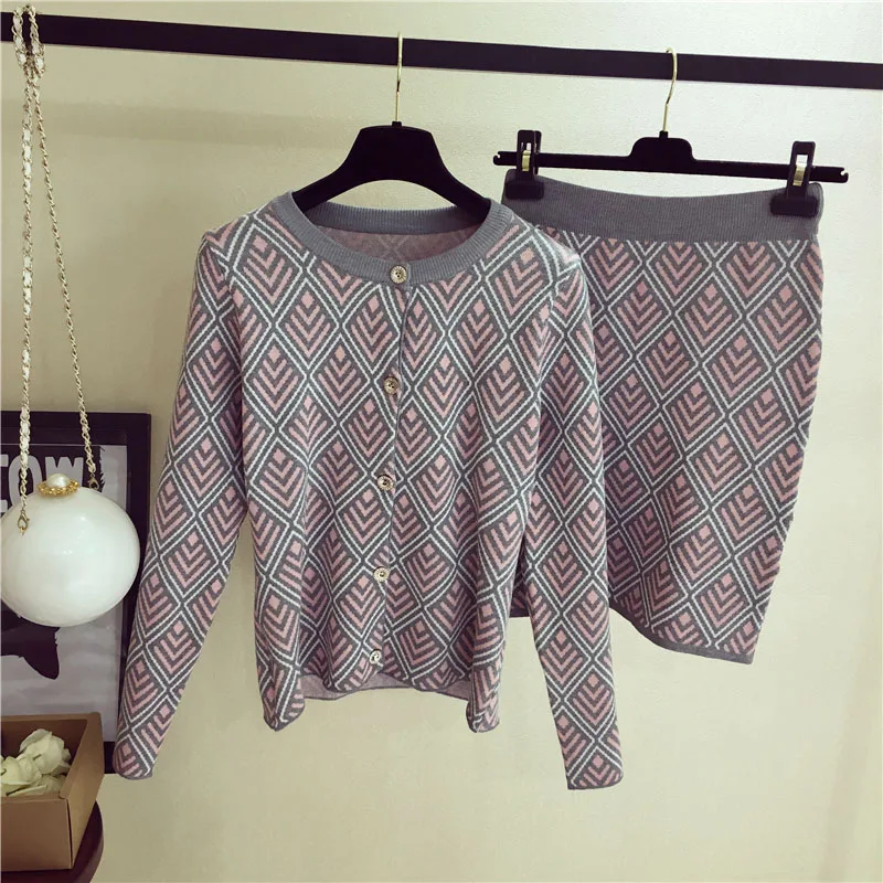 

Elegant Women Knitted Sweaters+Skirts Suits Single Breasted Geometric Long-sleeved Sweater Shirts Skirt Sets
