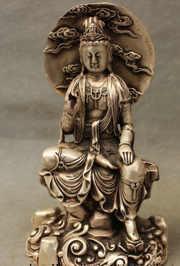 

8" Chinese Silver Buddhism Pray Kwan-Yin Guan Yin Statue Brass Moon Goddess Set
