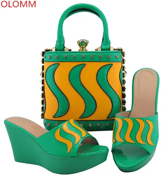 

OLOMM New Italian Shoes with Matching Bags Latest Green Color Shoes and Bag Set African Sets Nigerian Women Wedding Shoes .Y-48