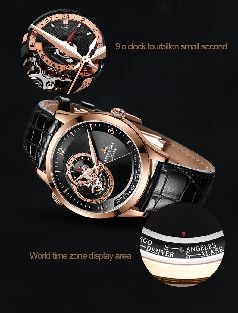 Reef Tiger Топ люксовый бренд мужские s повседневные часы Роскошные розовое золото автоматические водонепроницаемые дизайнерские часы мужские