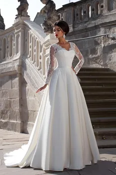 

Fashionable Satin Lace V Neck Long Sleeve Ball Gwon Russia Wedding Dress Vestidos De Novia Robe De Mariage Court Train