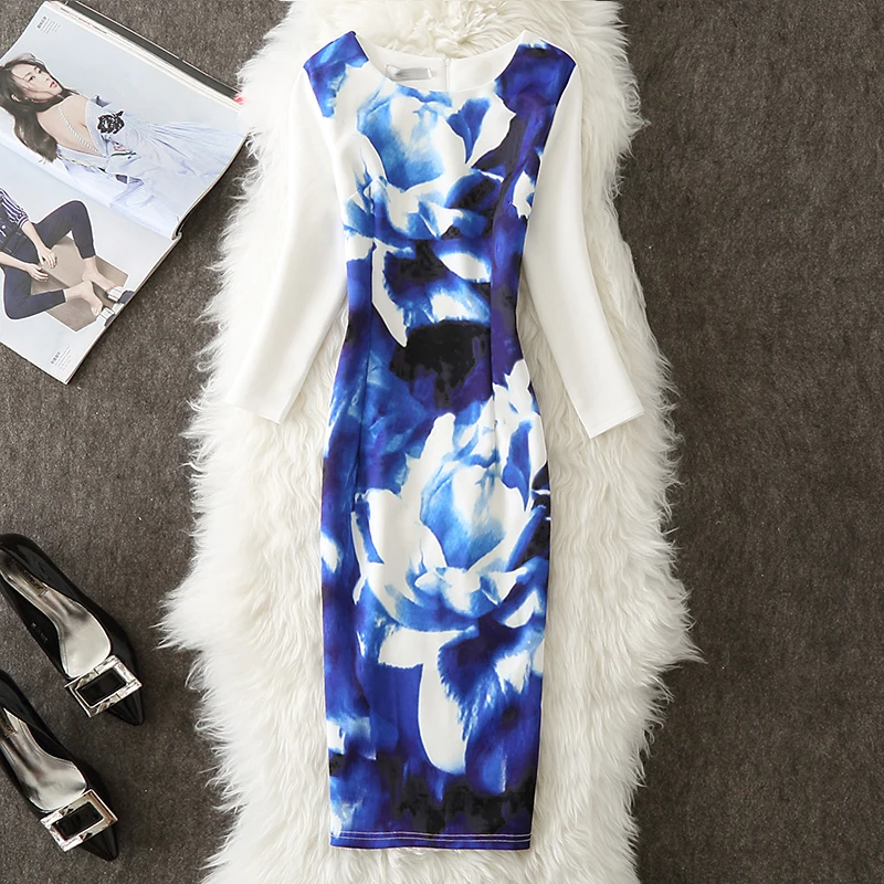 

Autumn Winter Dress Women 2019 Casual Sexy Office Bodycon Dress 3/4 Sleeve Floral Party Dresses Plus Size 4XL