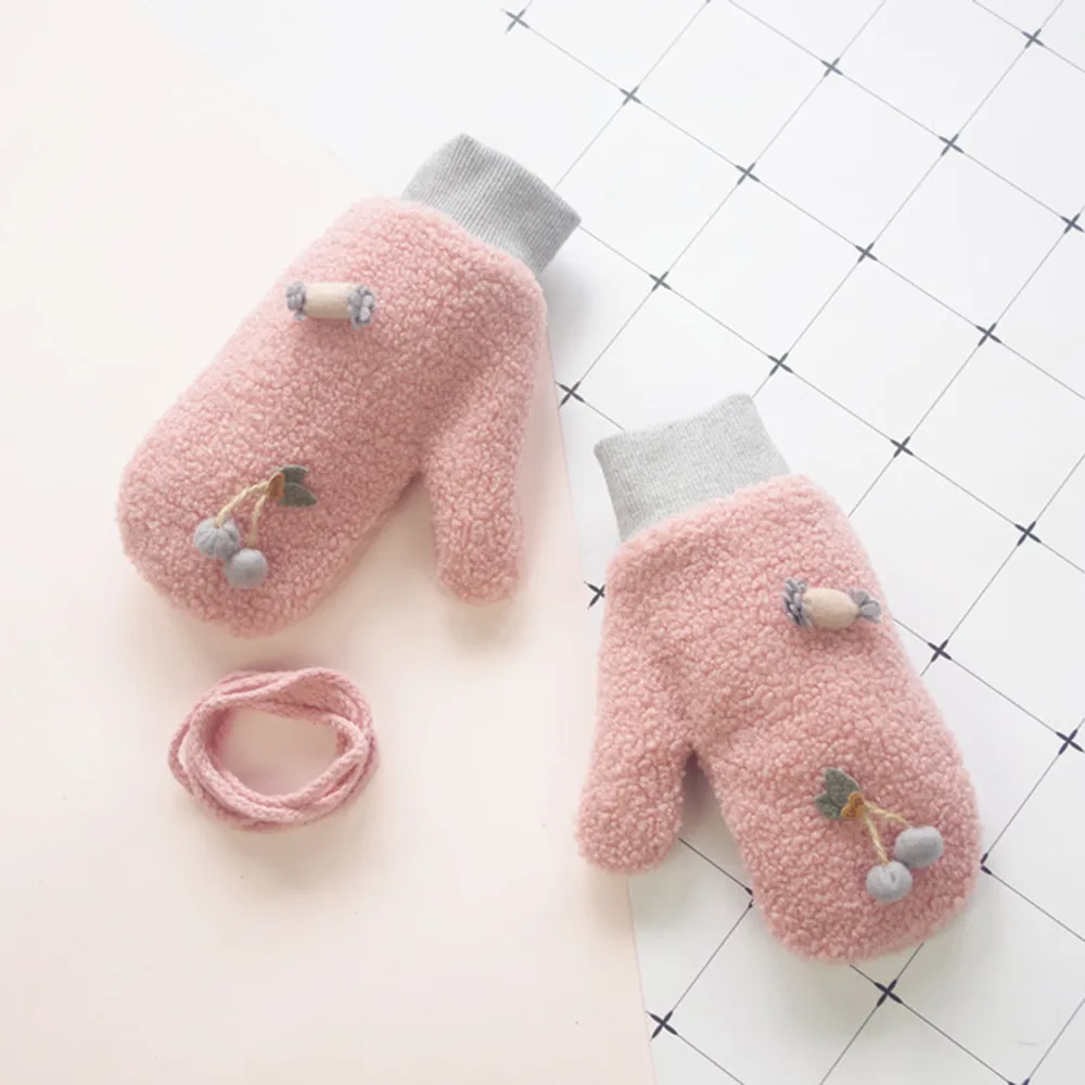 Lovely Cartoon Cherry Gloves Cute Warm Mittens Women Winter Rope Gloves
