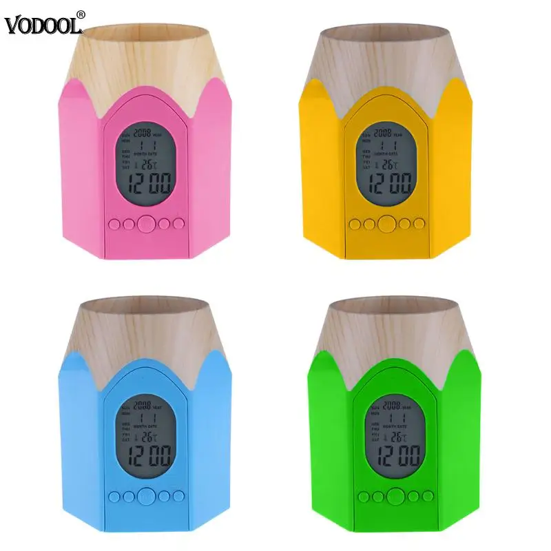 

Plastic Modern Pen Holder with Digital LCD Desk ALarm Clock Time Temp Date Fantastic Pencil Case Child Gifts Office Supplies