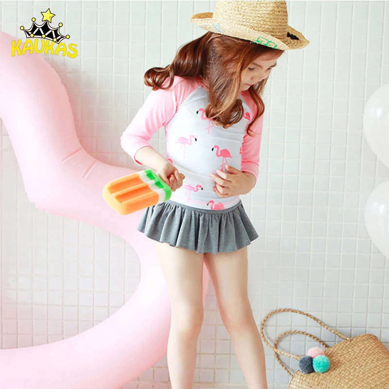 

KAVAKS Girls Swimwear Cute Kids Swimsuit With Caps Flamingo Printed Baby Girl Bathing Suit Two Pieces Swim Wear Children Clothes
