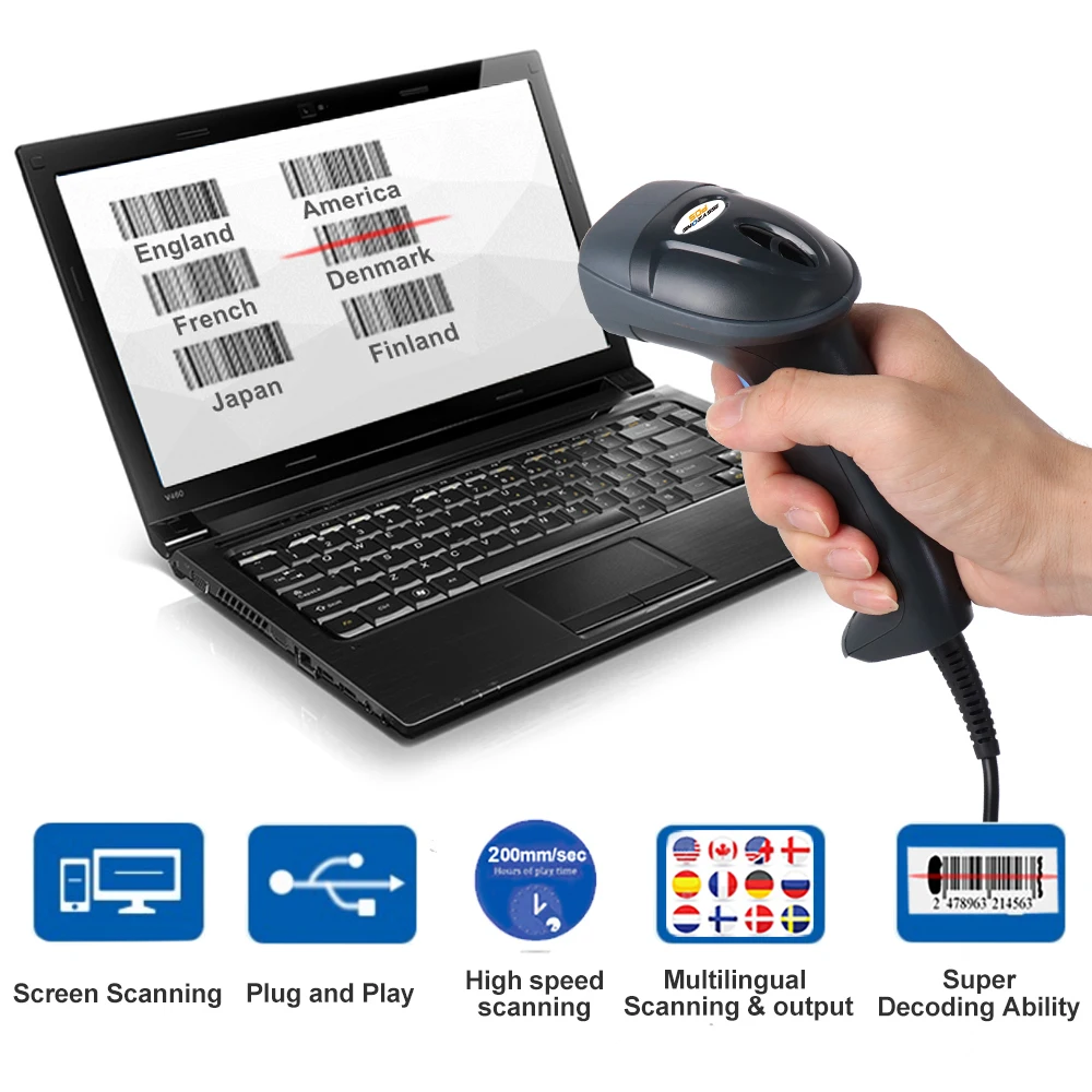 ISSYZONEPOS يده 1D الباركود ماسح ليزر CCD USB السلكية التلقائي قارئ شفرة التّعرّف المضادة للصدمة ماسحة مع حامل