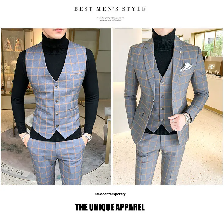 Куртка+ брюки+ жилет осенний костюм Мужская мода Slim Fit Мужские свадебные костюмы британский клетчатый костюм для мужчин Мужская рубашка в полоску 5XL-S