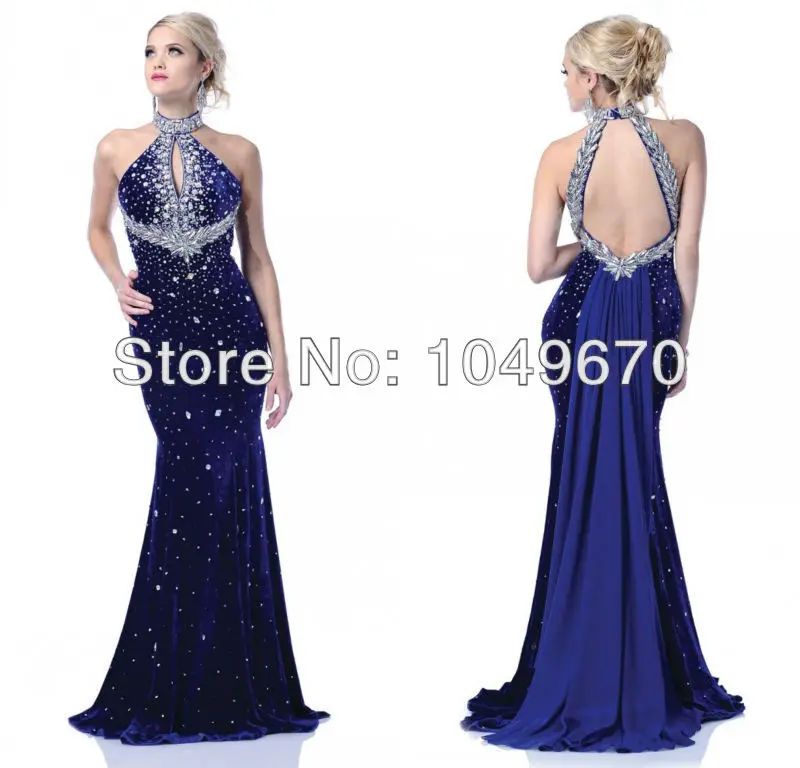 Royal Blue 2014 Halter Elegant Mermaid Formal Evening Gowns Rhinestones Backless Sexy Long Prom Dresses N474 | Свадьбы и торжества