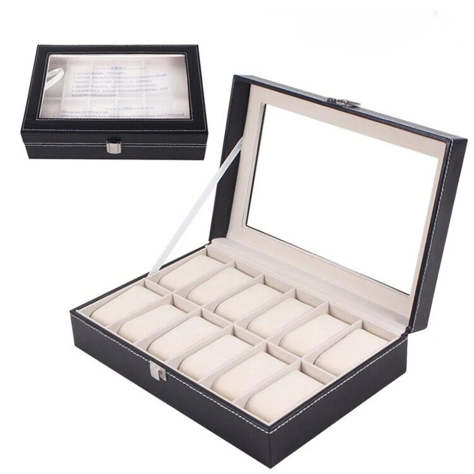 

12 Grids Fashion Watch Storage Box PU Leather Black Watch Case Organizer Box Holder for Luxury Jewelry Watch Display Collection