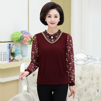 

Chiffon Long Sleeve T Shirt Tops For Women Middle Age Mother Floral Pullover Plus Size Spring Mother Turtleneck Bottoming Shirt