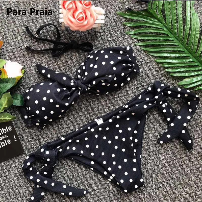 Preise Nette Polka Dot Tanga Bikini Sexy Bandeau Brazilian Bikini Set 2019 Bogen Bademode Halter Push Up Badeanzug Strand Badeanzug kann