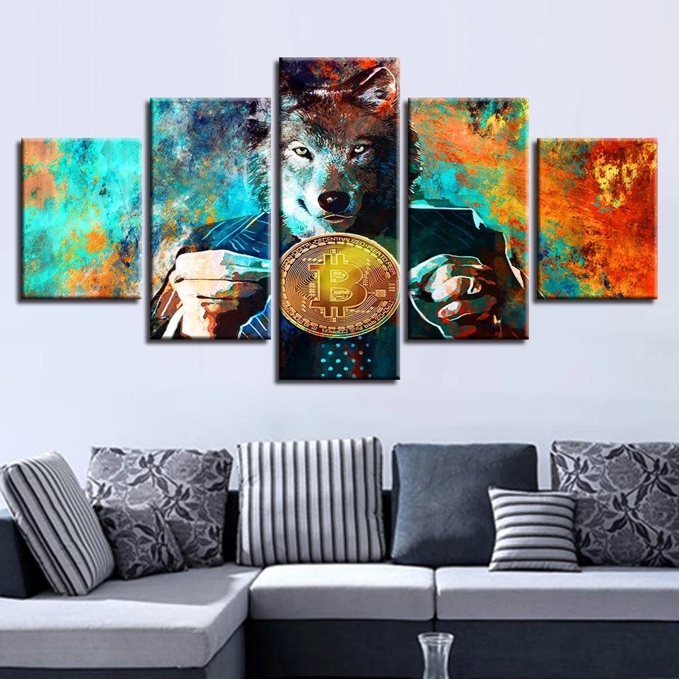 

Wall Art Pictures Modular Canvas Home Decor 5 Pieces Mr. Wolf And Bitcoins Painting HD Printed Color Abstract Coin Poster Frame