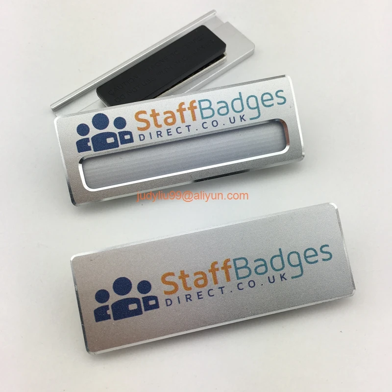 20pcs custom 8X4.2cm staff name badge aluminium reusable name tag ID pin UV print badge holder with safety pin or manget (86)