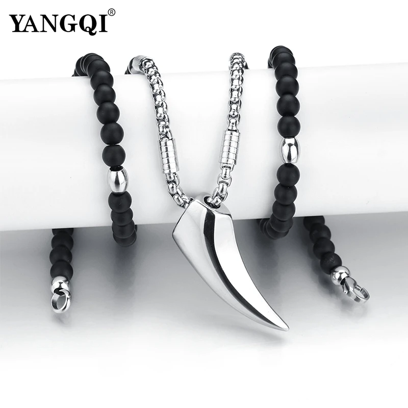 Norse Vikings Wolf Teeth Pendant Necklaces Silver Stainless Steel Chain Black Stone Strand Beads Necklaces Ethnic Jewelry Men