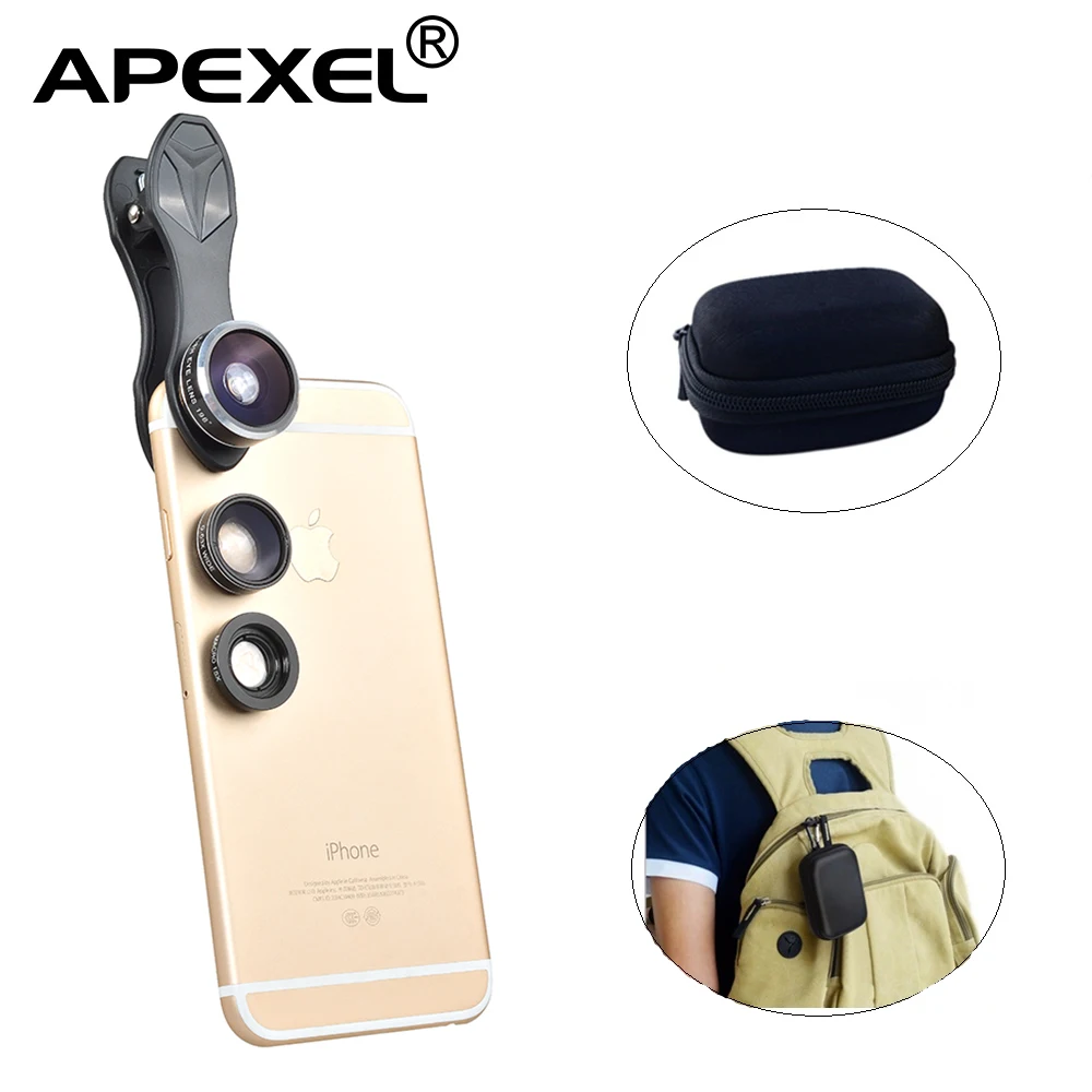 APEXEL Phone Camera lens kit 3in1 198 Degree Fisheye Lens+0.63X Wide