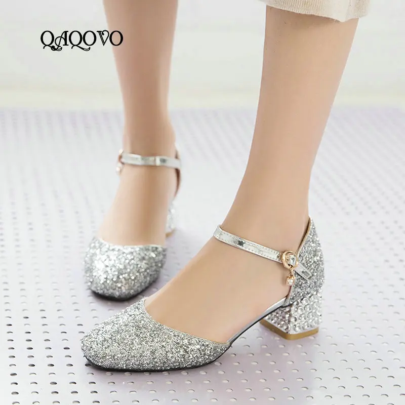 

2019 Sequined Summer Sandals Mary Jane Pumps Female Low Heels Buckle Round Toe Party Dress Shoes Women Gold Silver Pink