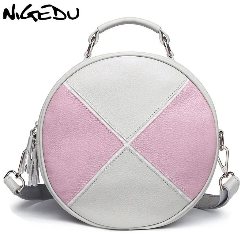 

NIGEDU Brand Genuine Leather women backpack Fashion stitching ladies Round Totes Shoulder bag for girls kanken bolsas mochila