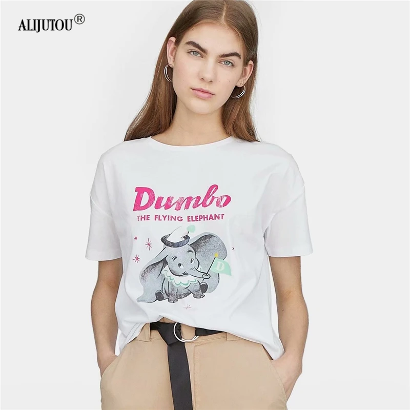 Dumbo Cartoon Cute white T-Shirt Women Summer Harajuku Casual Printed Round Neck Short Sleeve Tee zaraing Streetwear Tshirt tops