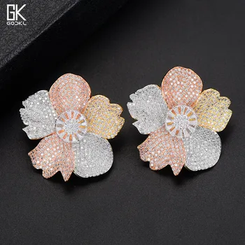 

GODKI Luxury 3 Tone Flower Big Stud Earrings for women Wedding Clear Crystal Zircon CZ Dubai Bridal Earring Bohemian Hot 2018