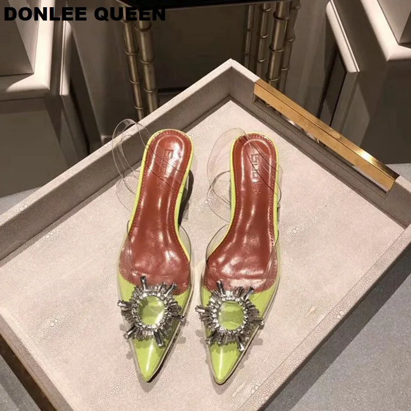 

New Band Rhinestone Buckle Sandals Slip On Mule Shoes Women Clear Low Heel Sandal Pointed Toe Wedding Party Shoe sandalias mujer