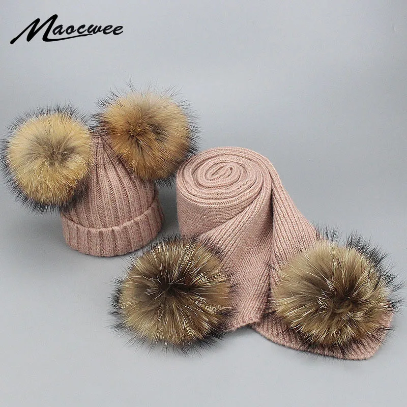 Mother And Child Hat And Scarf Set Wool Winter Real Natural Fur Pompom Knitted Bobble New Beanies Scarves Pom Pom Skullies