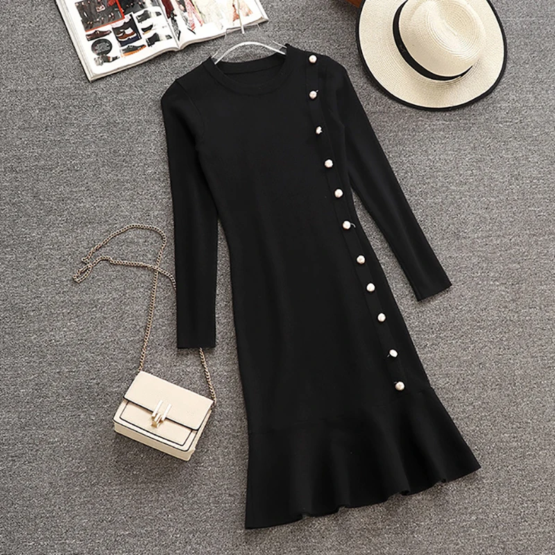

Fashion Knit Dress New Autumn Winter Ruffles Knitted Fishtail Dresses Women Single-breasted Elegant Vestidos Female Robes Z100