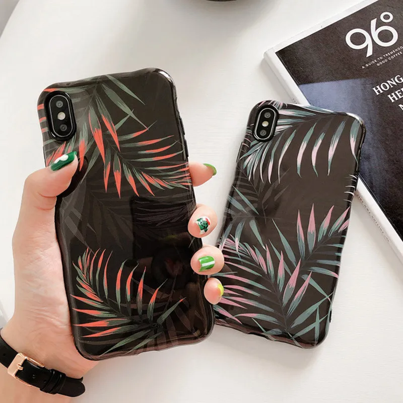 

Glossy Green Banana Leaf Phone Case For Iphone XS Max XR X XS 6 6s 7 8 Plus Black Plants Leaf Text Soft TPU Cover Case