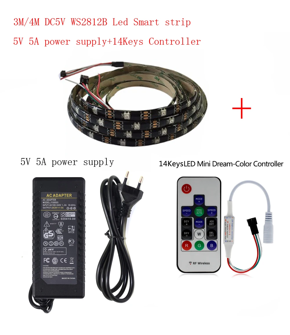 

3/4Mm DC5V WS2812B Led Strip 30 pixels/leds/m WS2812 IC Smart 5050 RGB led Strip light+5V LED Power Supply + LED Controller