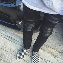 Мода дизайнерские мужские рваные джинсы уничтожено тонкий деним Повседневное узкие Ruched Синий Jogger повреждение джинсы