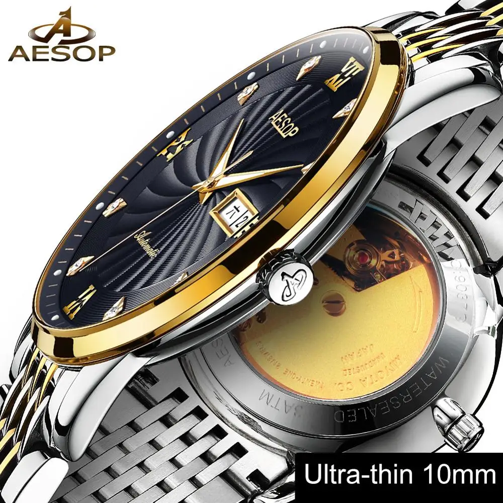 Ultra cienki zegarek męski automatyczny mechaniczny minimalistyczny zegarek męski stal nierdzewna pasek wodoodporny zegar mężczyźni Relogio Masculino|Zegarki mechaniczne| - AliExpress