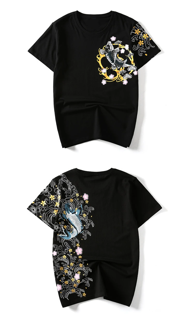 Harajuku футболка Новая унисекс японская живопись Карп вышивка свободные топы тройник хлопок женские футболки размера плюс