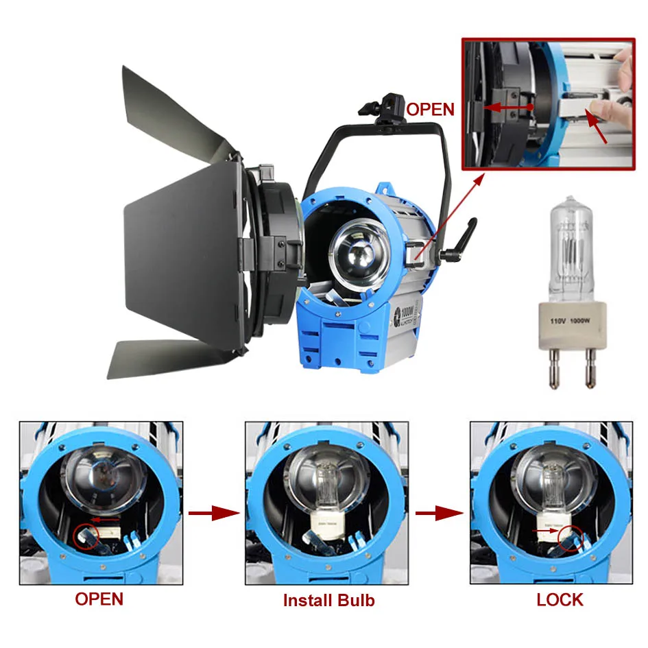 ALUMOTECH As Arri 1000W Fresnel вольфрамовое точечное освещение для студийной видео фотографии освещение+ лампа+ барндверь