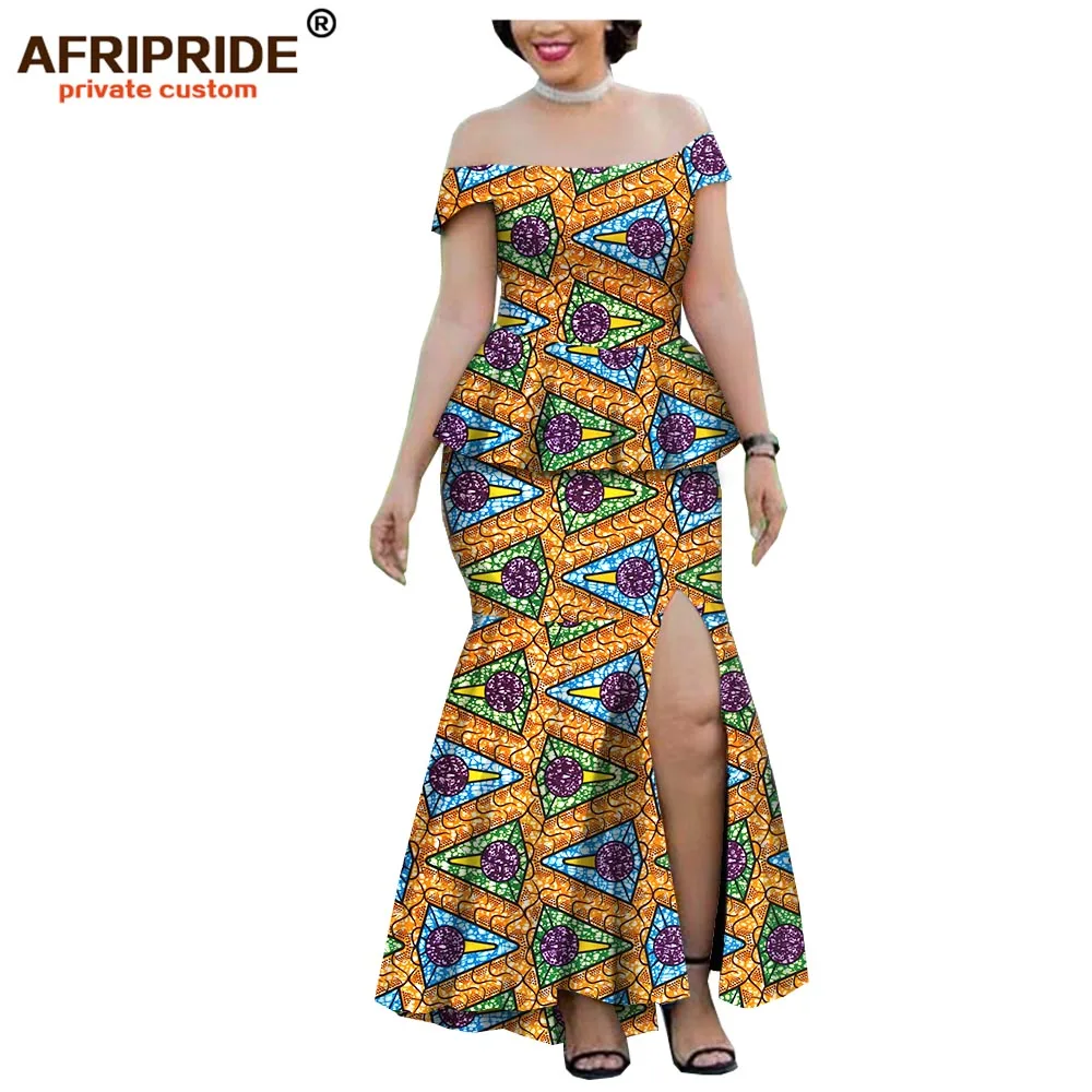 

2019 spring wax african clothes 2 pieces skirt set for women AFRIPRIDE strapless top+ankle length split skirt women set A1926001