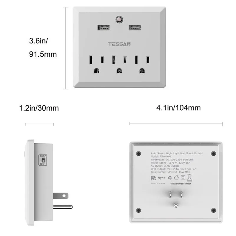 TESSAN США силовая полоса настенное крепление AC& USB розетки автоматический ночной Светильник для путешествий с американской вилкой много точек гнездо