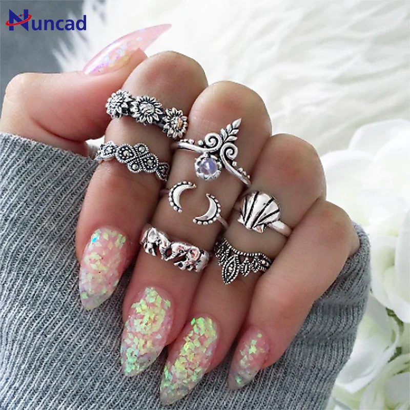 

2017 New Vintage Sunflower Shell Ring Set Elephant Moon Style Rings Beach Knuckle Ring Jewelry for Women