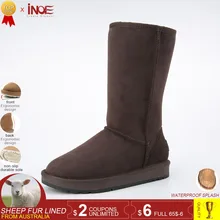 INOE classic sheepskin suede leather wool fur lined men high winter snow boots for men winter boots shoes black brown 34-44