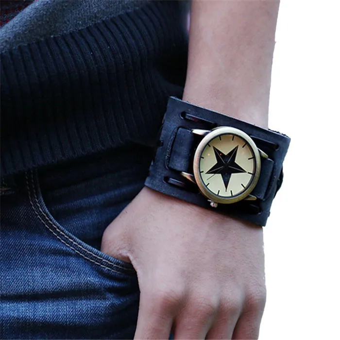 

Watch Mens Watches Top Brand Luxury Retro Punk Rock Brown Big Wide Military PU Leather Cool Relogio Masculino Y10