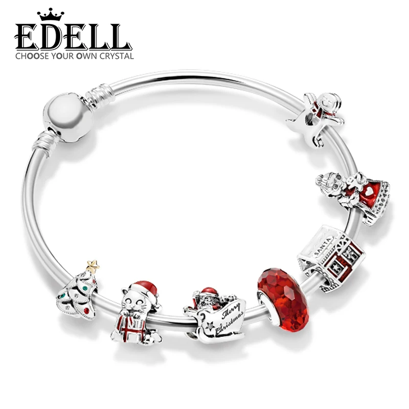 

EDELL 100% 925 Sterling Silver New 1:1 Festive Winter Christmas Bracelet Set Charming Fashion Elegant Charm Jewelry Gift
