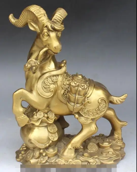 S3653 13&quot Chinese Bronze Wealth Yuanbao Money Bag Animal Sheep Goat Ram Ruyi Statue | Дом и сад