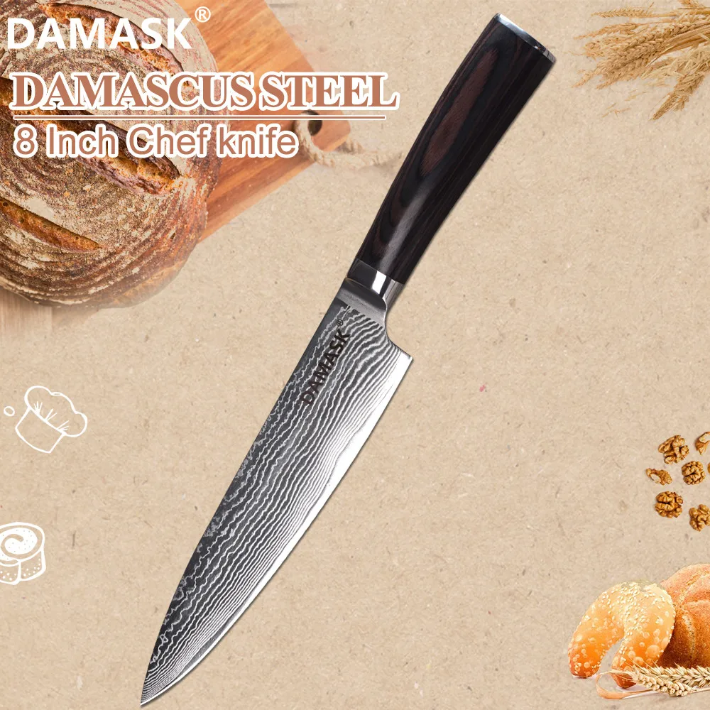 

Damask 8 inch Chef Knife Damascus Steel Japanese Cooking Knife VG10 Razor Sharp Blade 62 HRC Damascus Knives Slicing Cutlery