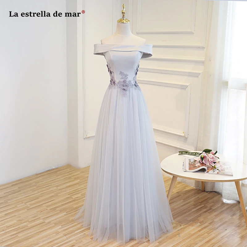 Vestido de fiesta para Бода Тюлевое с вырезом «Лодочка» цветок жемчуг спинки линии темно синие серебряные Румяна Розовый бордовый золото bridesmai